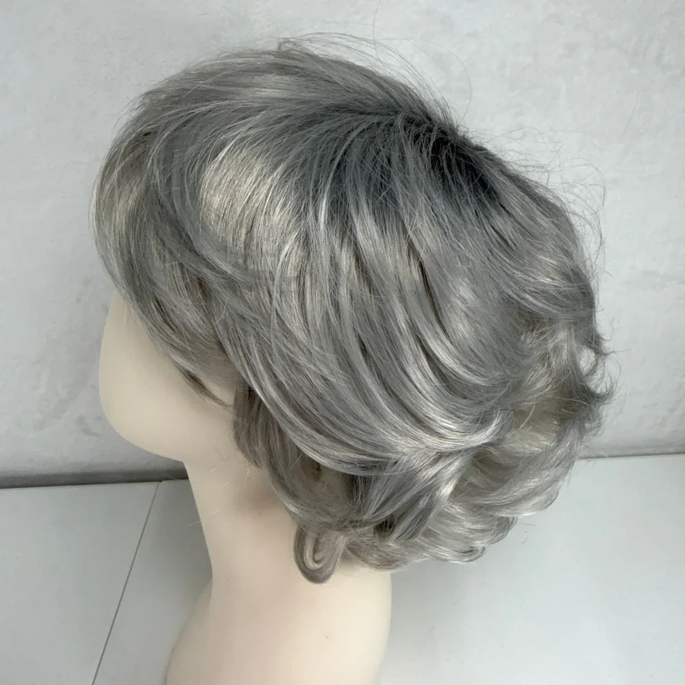 Short Wavy Wig Silver Grey Ombre Layered Synthetic Sophisticated Classy Comfort